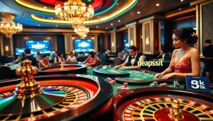 Gamblers are enjoying high-stakes casino games with situs deposit 5k opportunities, surrounded by colorful chips and vibrant tables.