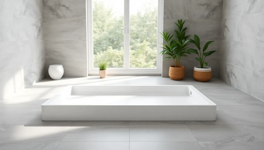 Modern shower base in an airy bathroom showcasing sleek design and natural light.