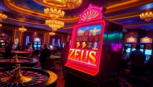 Engaging scene of players winning on the Zeus slot machine amidst a glamorous casino atmosphere.
