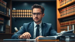 Focused Miami-Dade County litigation Lawyer working in a modern office with legal books.