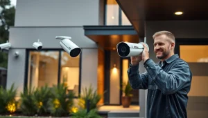 Cámaras Dahua presentadas en una configuración de seguridad para el hogar moderna con un técnico experto.