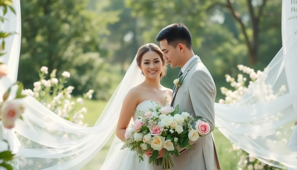 Capture of light & airy photography showcasing a wedding couple amidst soft floral surroundings.