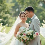 Capture of light & airy photography showcasing a wedding couple amidst soft floral surroundings.