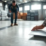 Vapor Barrier Installation process being performed by a worker sealing edges on a concrete floor.