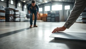 Vapor Barrier Installation process being performed by a worker sealing edges on a concrete floor.