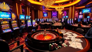 Players enjoying high-stakes games at shbet, featuring vibrant casino tables and entertainment options.