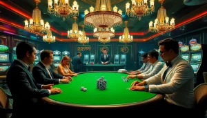 RR99 poker players engaging in high-stakes gambling at a luxurious casino table.