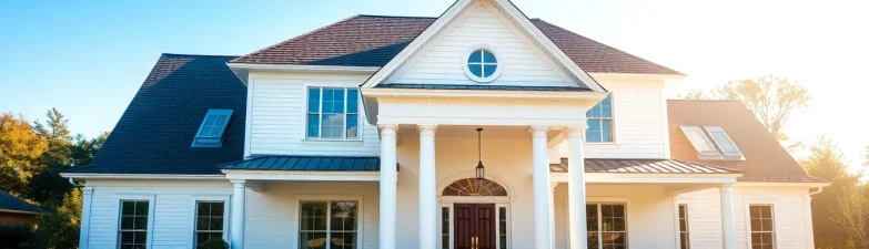 Showcasing a Sharon Custom Colonial New Build with traditional design elements in a serene garden setting.