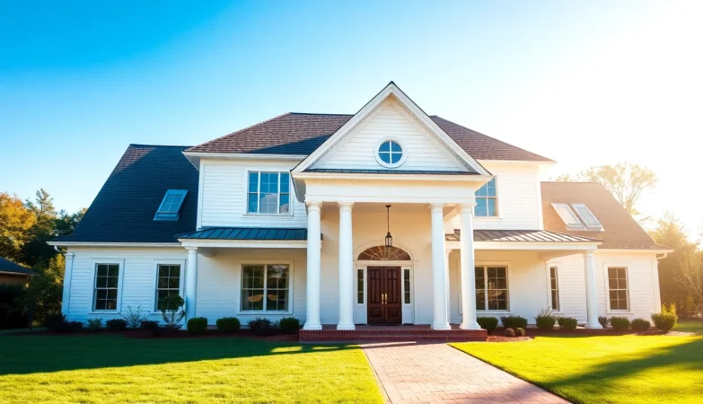 Showcasing a Sharon Custom Colonial New Build with traditional design elements in a serene garden setting.