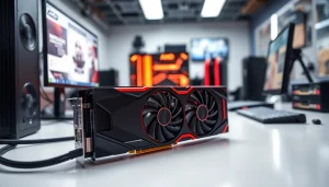 Wydajny AMD GPU na biurku z nowoczesnym otoczeniem i szczegółowym widokiem na detale.