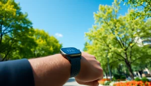 Engaging lifestyle image showcasing a Pulse Smart Watch on a wrist in an urban setting.