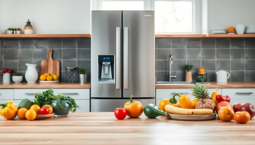 Explore refrigerator sales through a modern kitchen scene showcasing a stylish refrigerator and fresh produce.