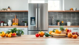 Explore refrigerator sales through a modern kitchen scene showcasing a stylish refrigerator and fresh produce.