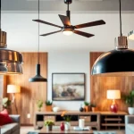 Shop ModernLighting with stylish fixtures illuminating a cozy living room filled with contemporary decor.