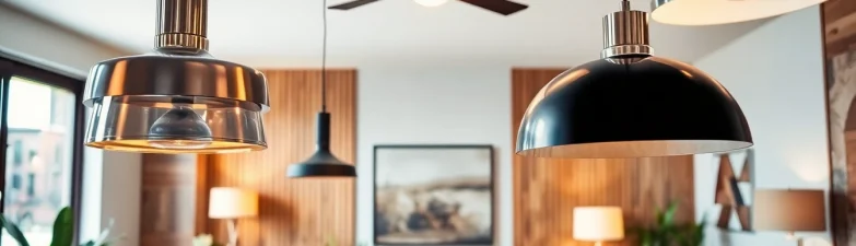 Shop ModernLighting with stylish fixtures illuminating a cozy living room filled with contemporary decor.