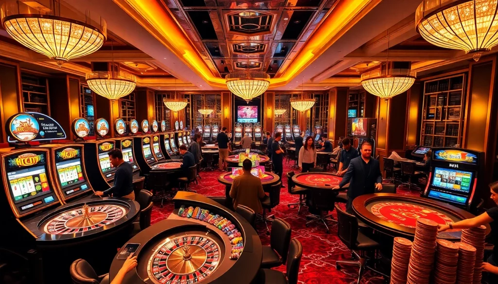 Experience the thrilling atmosphere of NK88 casino gaming with vibrant roulette and poker tables.
