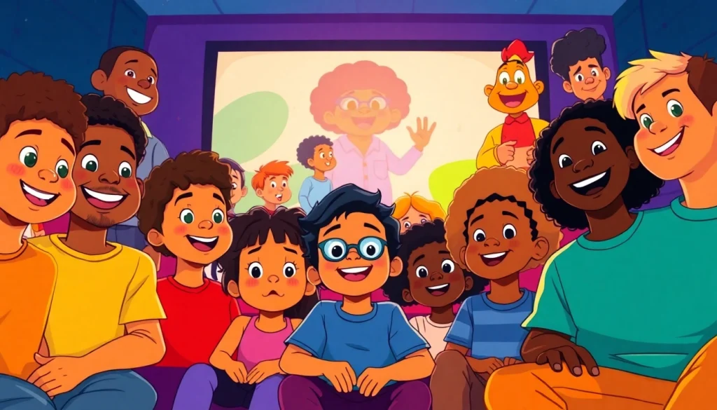A lively scene of children watching African American Cartoons featuring characters like Huey and Riley from "The Boondocks."