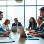 Engaged professionals discussing Strategy Capture Management in a bright meeting room.