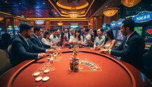 Engaged players enjoy thrilling games at MM88 casino, showcasing excitement and luxury.