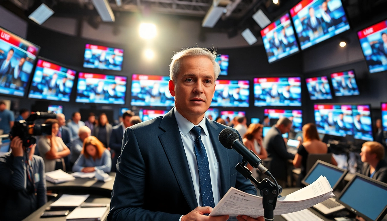 Reporting news from a bustling newsroom with dynamic energy and multiple screens.