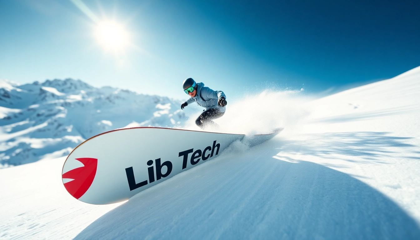 Snowboarder performing a sharp turn on a Lib Tech snowboard amidst a snowy mountain landscape.